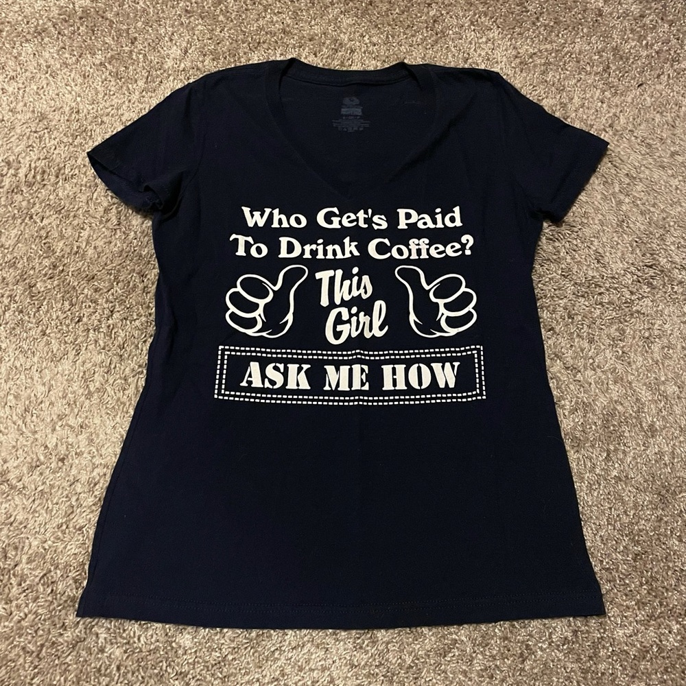 Ladies Fun Coffee Selling Small Blue Graphic Tee